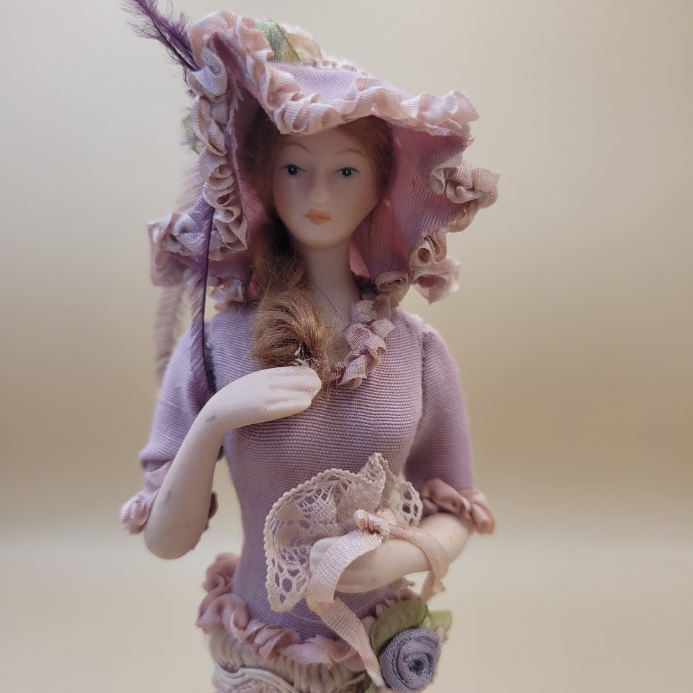 Vtg Victorian Tassel Doll Porcelain Lady Figurine Mauve Beaded Feather Hat 11"